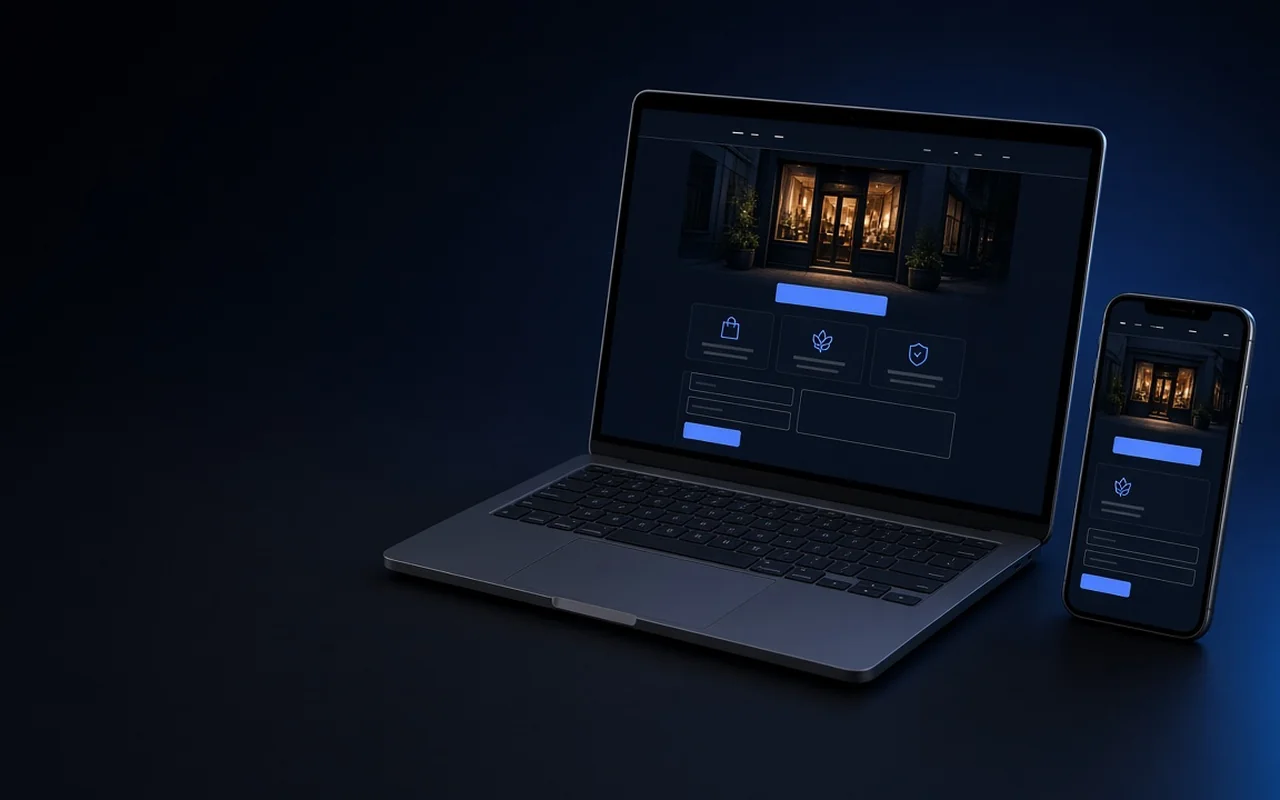 Illustration: one business website shown on a laptop and a phone